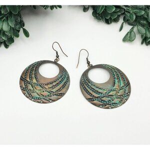 Antique Copper & Turquoise Patina Dangle Earrings With Ornate Circular Design